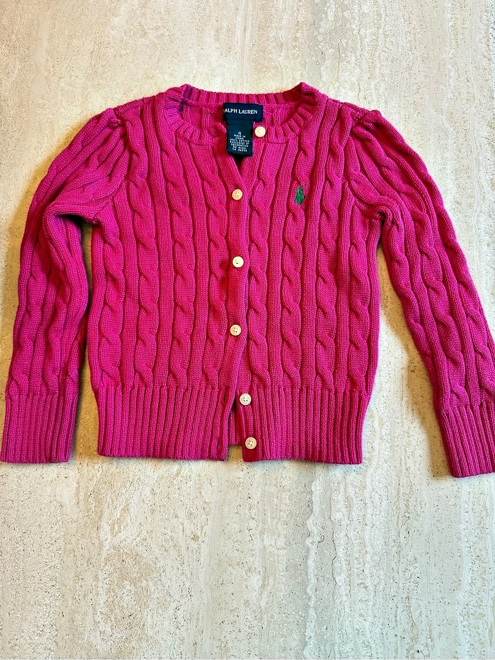 Ralph Lauren Girls Cable-Knit Cotton Cardigan Pink Size 4